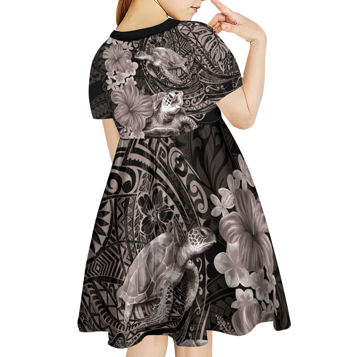 Hawaiian Plumeria and Hibiscus with Turtles Kid Short Sleeve Dress Polynesian Art Grayscale LT03 - Polynesian Pride