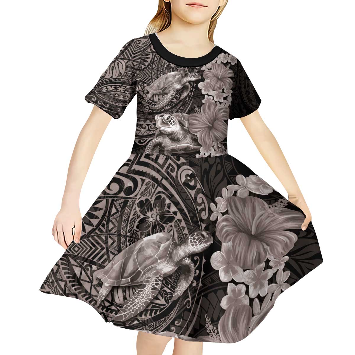 Hawaiian Plumeria and Hibiscus with Turtles Kid Short Sleeve Dress Polynesian Art Grayscale LT03 - Polynesian Pride