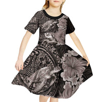 Hawaiian Plumeria and Hibiscus with Turtles Kid Short Sleeve Dress Polynesian Art Grayscale LT03 - Polynesian Pride