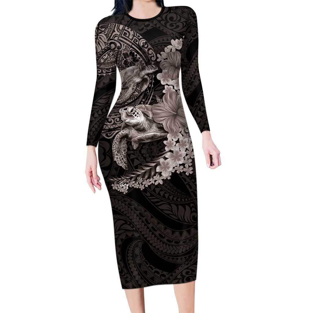 Hawaiian Plumeria and Hibiscus with Turtles Long Sleeve Bodycon Dress Polynesian Art Grayscale LT03 Long Dress Black - Polynesian Pride
