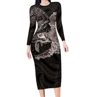 Hawaiian Plumeria and Hibiscus with Turtles Long Sleeve Bodycon Dress Polynesian Art Grayscale LT03 Long Dress Black - Polynesian Pride