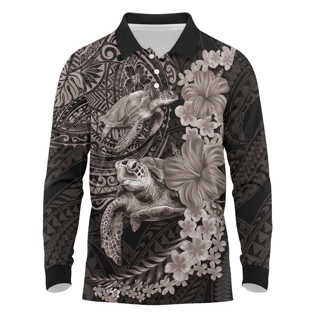 Hawaiian Plumeria and Hibiscus with Turtles Long Sleeve Polo Shirt Polynesian Art Grayscale LT03 Black - Polynesian Pride