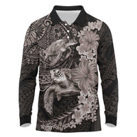 Hawaiian Plumeria and Hibiscus with Turtles Long Sleeve Polo Shirt Polynesian Art Grayscale LT03 Black - Polynesian Pride