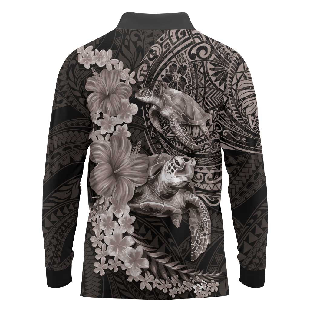 Hawaiian Plumeria and Hibiscus with Turtles Long Sleeve Polo Shirt Polynesian Art Grayscale LT03 - Polynesian Pride