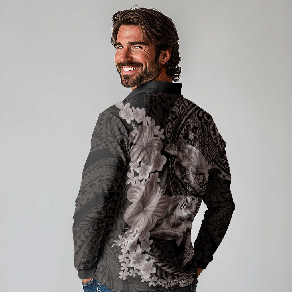 Hawaiian Plumeria and Hibiscus with Turtles Long Sleeve Polo Shirt Polynesian Art Grayscale LT03 - Polynesian Pride
