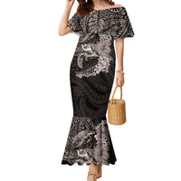 Hawaiian Plumeria and Hibiscus with Turtles Mermaid Dress Polynesian Art Grayscale LT03 Women Black - Polynesian Pride