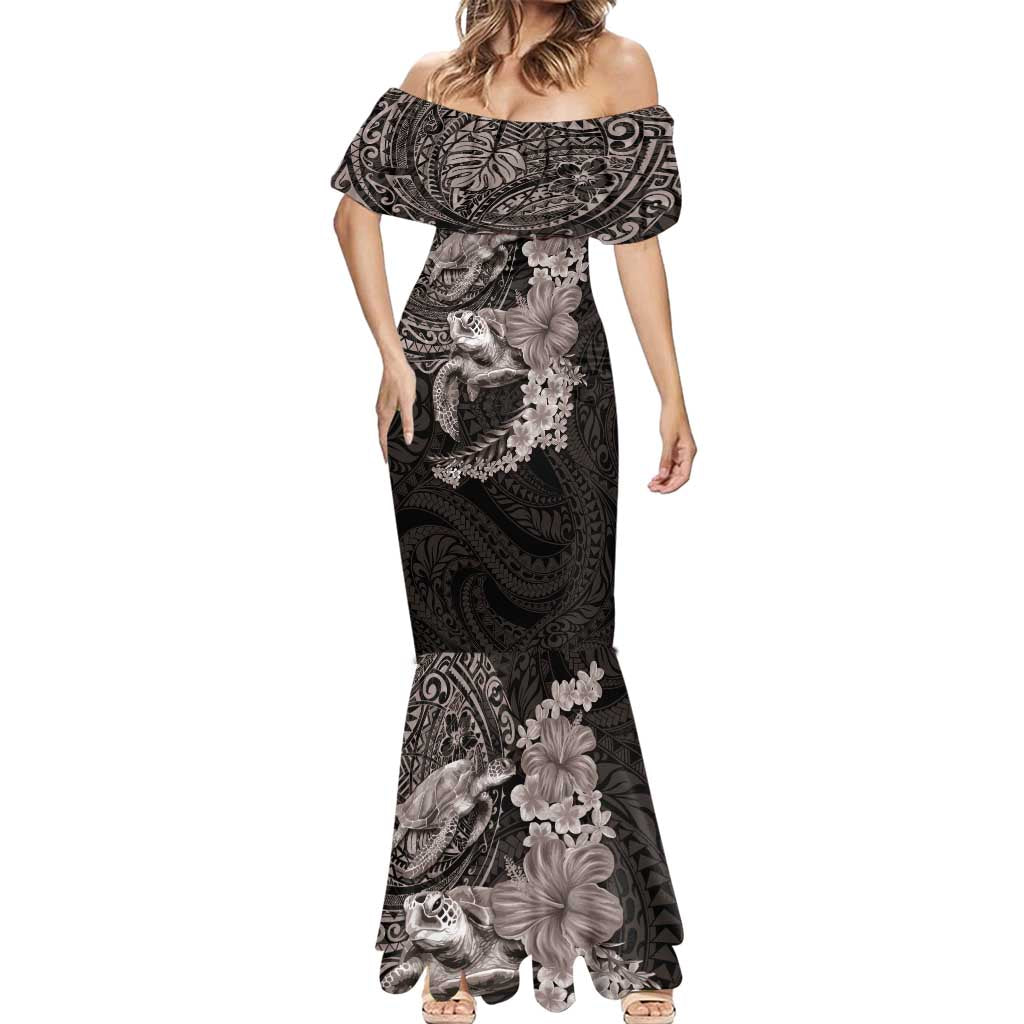 Hawaiian Plumeria and Hibiscus with Turtles Mermaid Dress Polynesian Art Grayscale LT03 - Polynesian Pride