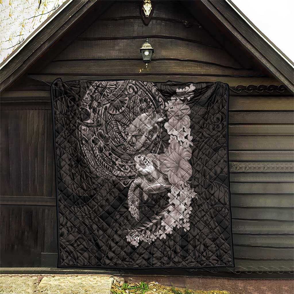 Hawaiian Plumeria and Hibiscus with Turtles Quilt Polynesian Art Grayscale - Polynesian Pride