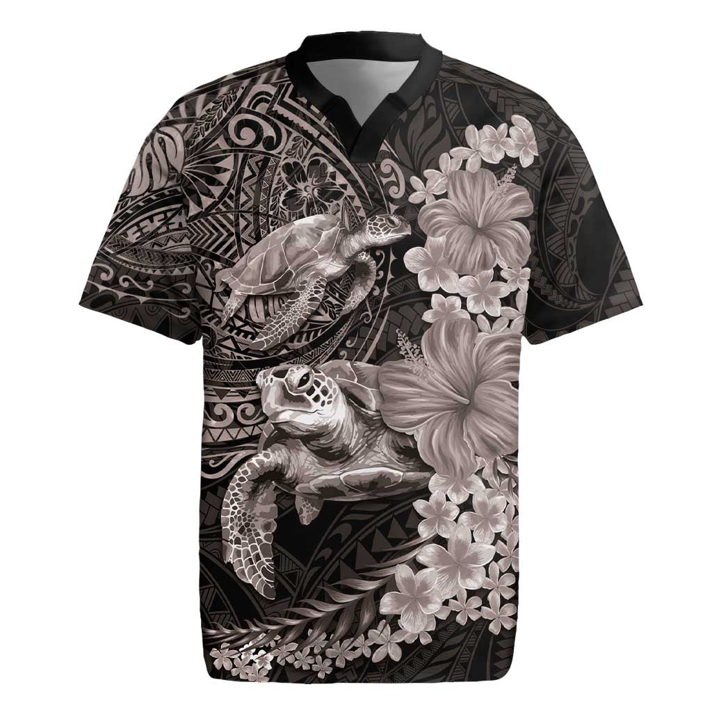 Hawaiian Plumeria and Hibiscus with Turtles Rugby Jersey Polynesian Art Grayscale LT03 Black - Polynesian Pride