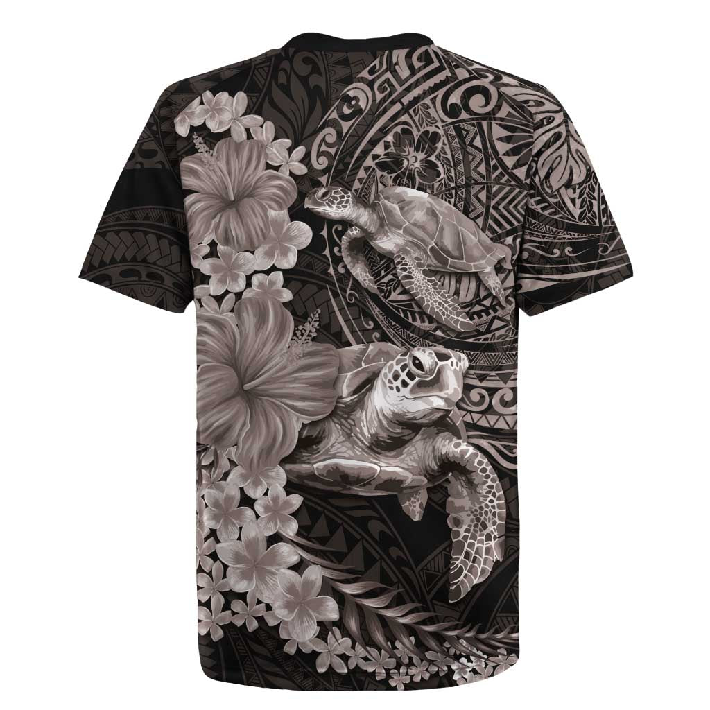 Hawaiian Plumeria and Hibiscus with Turtles Rugby Jersey Polynesian Art Grayscale LT03 - Polynesian Pride
