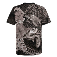 Hawaiian Plumeria and Hibiscus with Turtles Rugby Jersey Polynesian Art Grayscale LT03 - Polynesian Pride