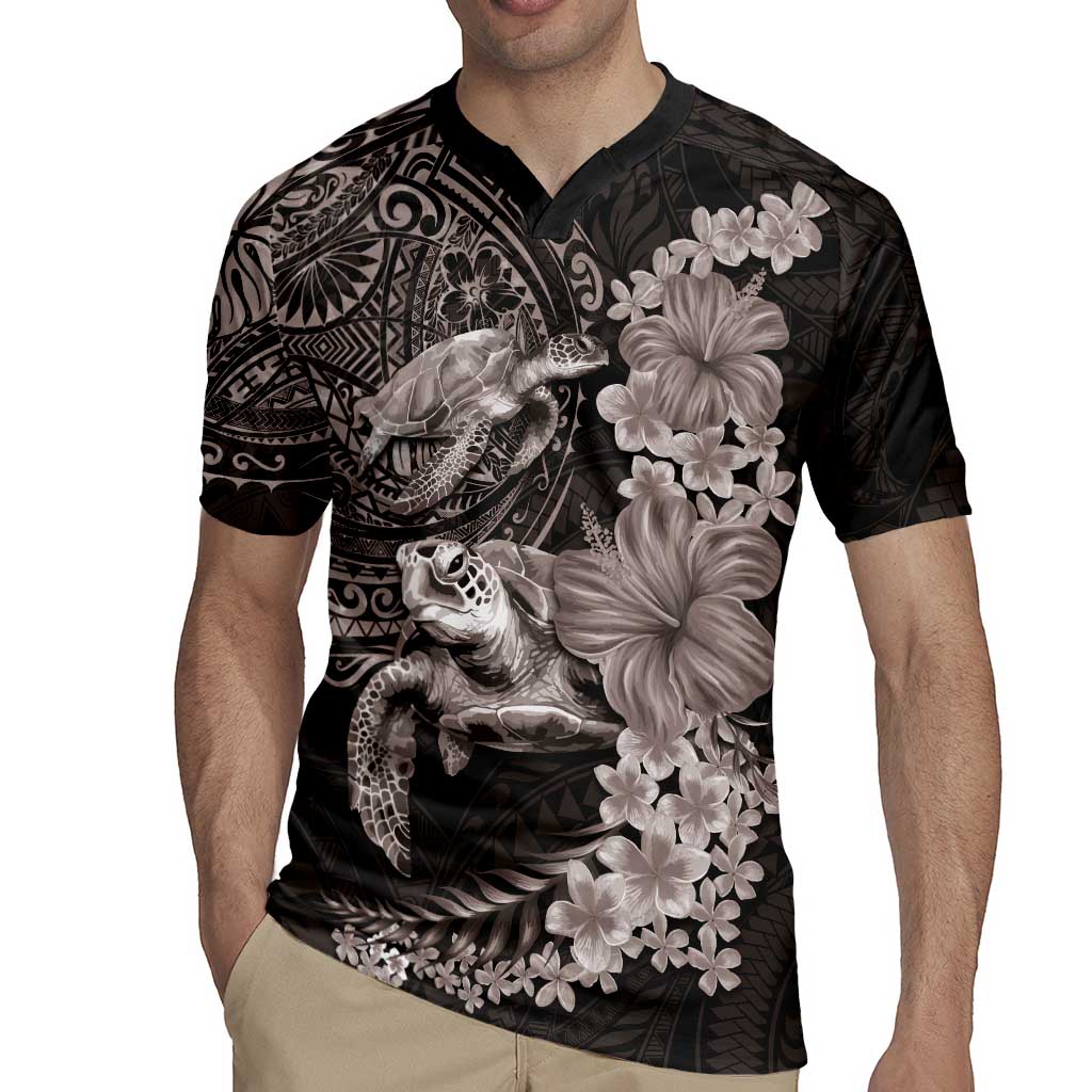 Hawaiian Plumeria and Hibiscus with Turtles Rugby Jersey Polynesian Art Grayscale LT03 - Polynesian Pride