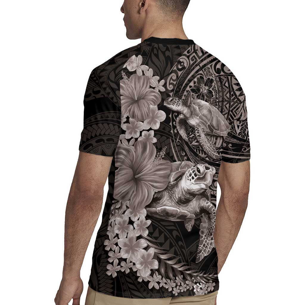Hawaiian Plumeria and Hibiscus with Turtles Rugby Jersey Polynesian Art Grayscale LT03 - Polynesian Pride