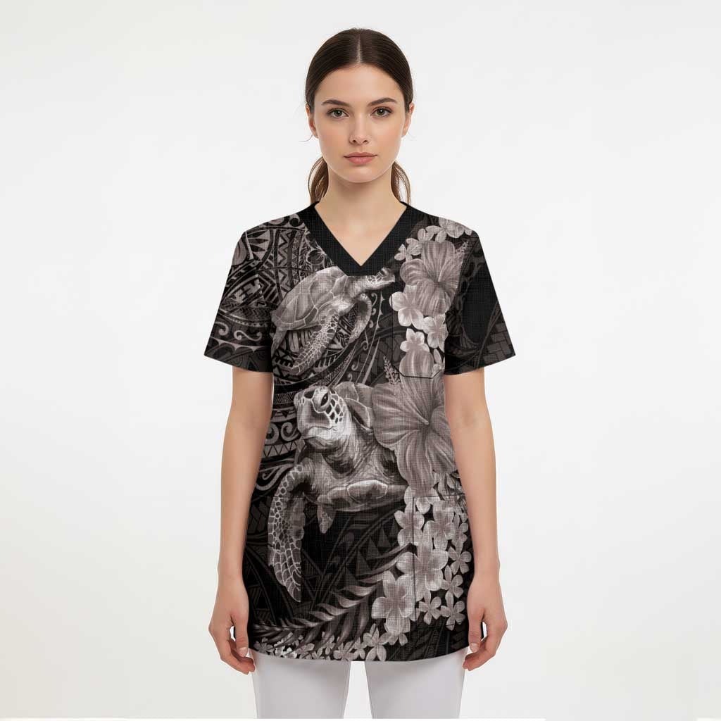 Hawaiian Plumeria and Hibiscus with Turtles Scrub Top Polynesian Art Grayscale - Polynesian Pride