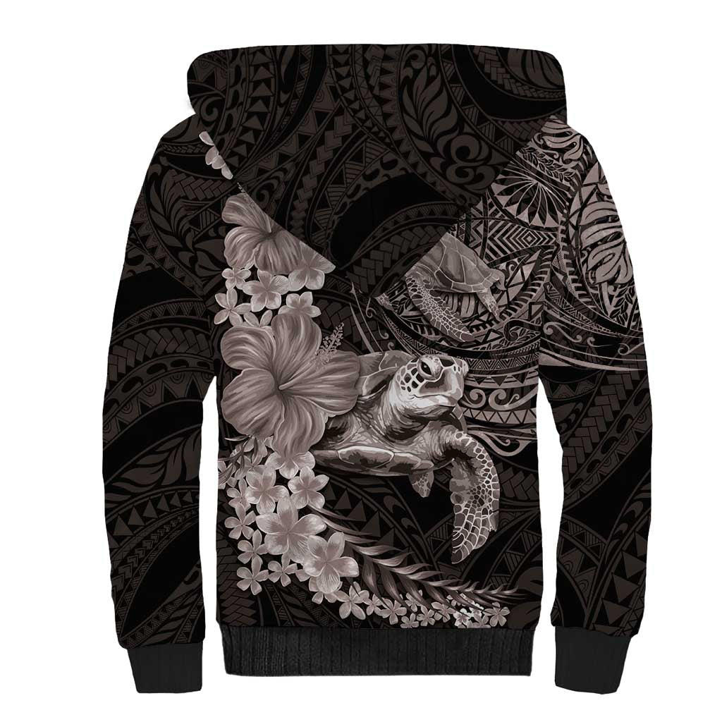 Hawaiian Plumeria and Hibiscus with Turtles Sherpa Hoodie Polynesian Art Grayscale LT03 - Polynesian Pride