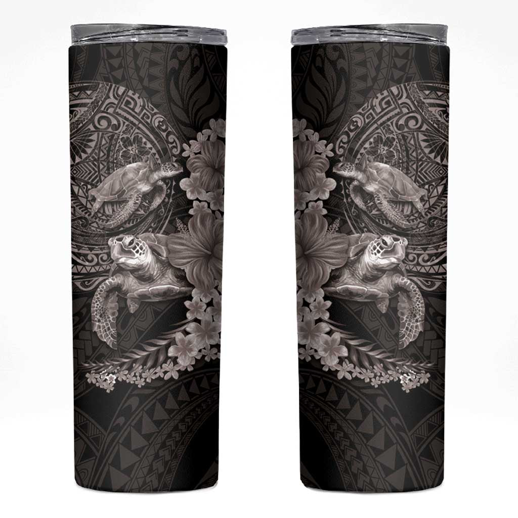 Hawaiian Plumeria and Hibiscus with Turtles Skinny Tumbler Polynesian Art Grayscale LT03 Black - Polynesian Pride