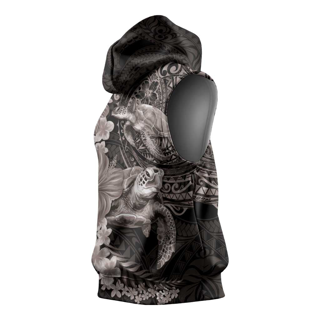 Hawaiian Plumeria and Hibiscus with Turtles Sleeveless Hoodie Polynesian Art Grayscale LT03 - Polynesian Pride