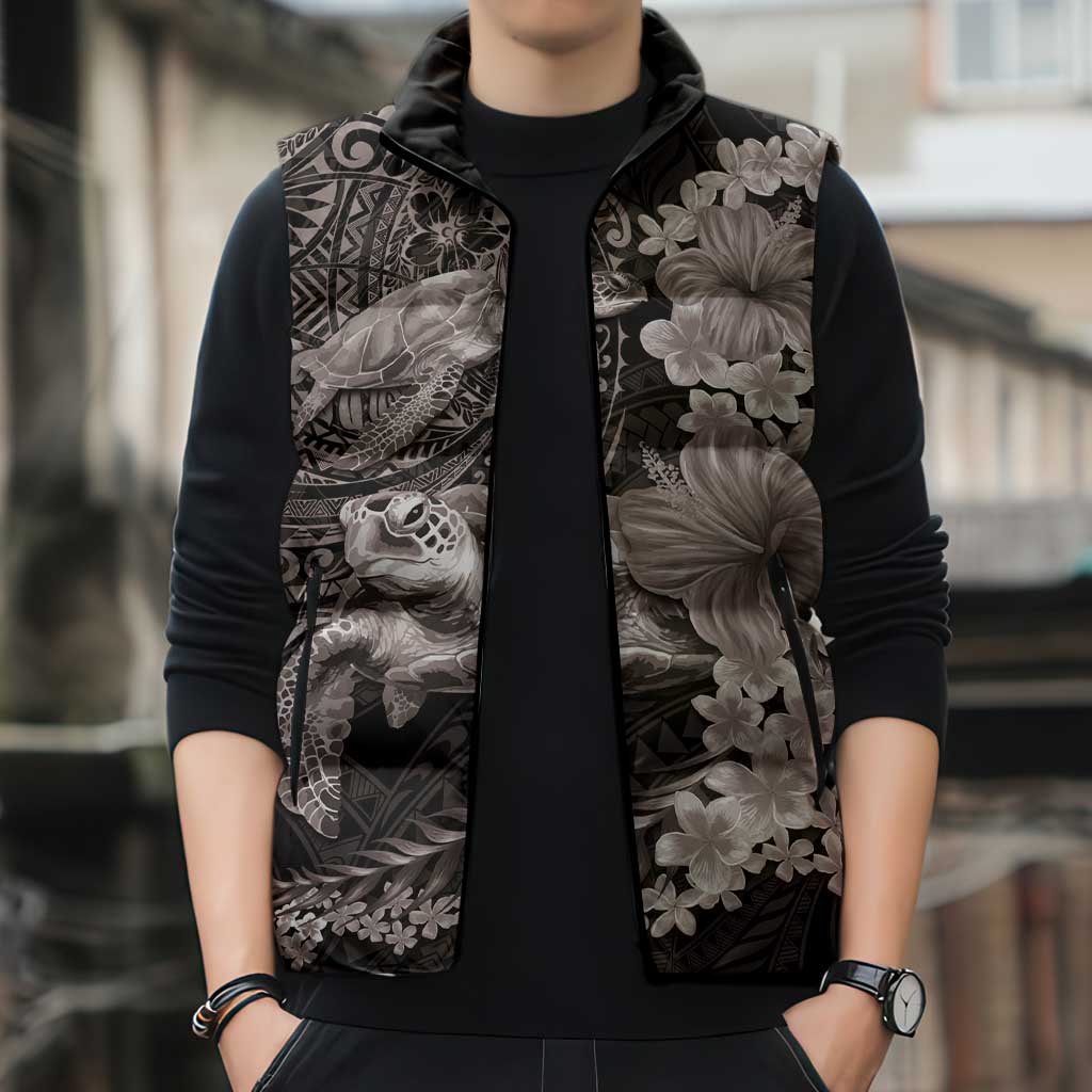 Hawaiian Plumeria and Hibiscus with Turtles Sleeveless Puffer Jacket Polynesian Art Grayscale - Polynesian Pride