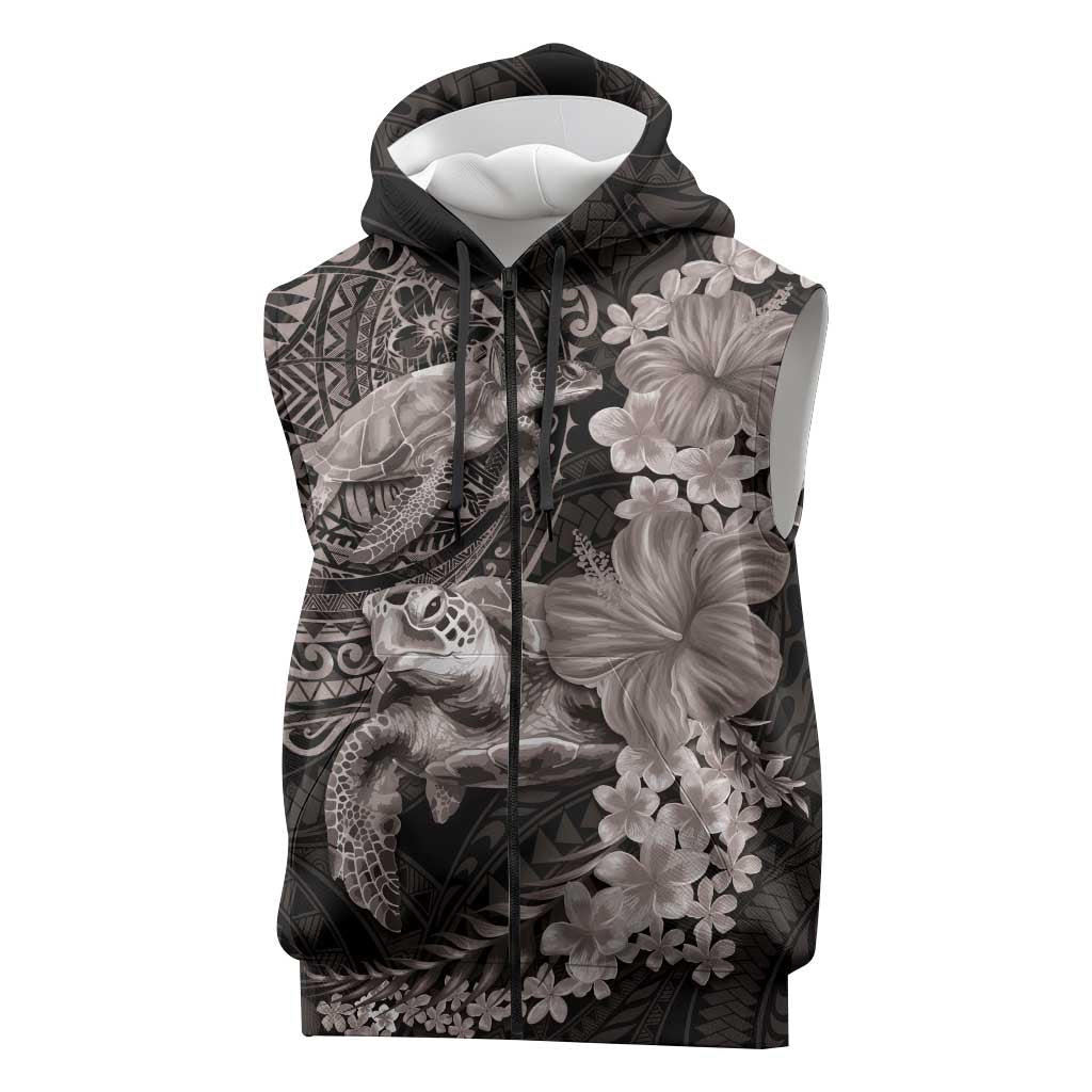 Hawaiian Plumeria and Hibiscus with Turtles Sleeveless Zip Hoodie Polynesian Art Grayscale - Polynesian Pride