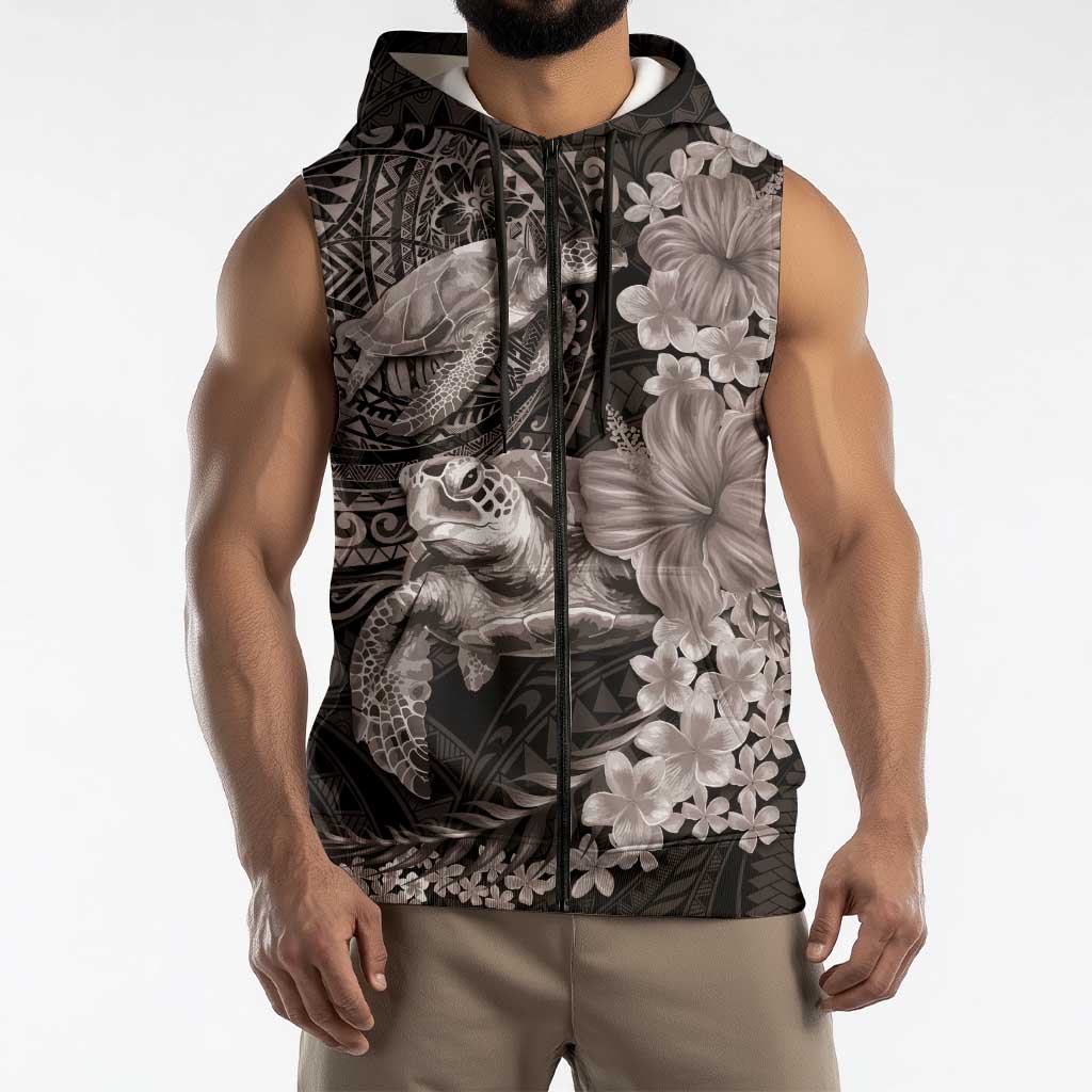 Hawaiian Plumeria and Hibiscus with Turtles Sleeveless Zip Hoodie Polynesian Art Grayscale LT03 - Polynesian Pride