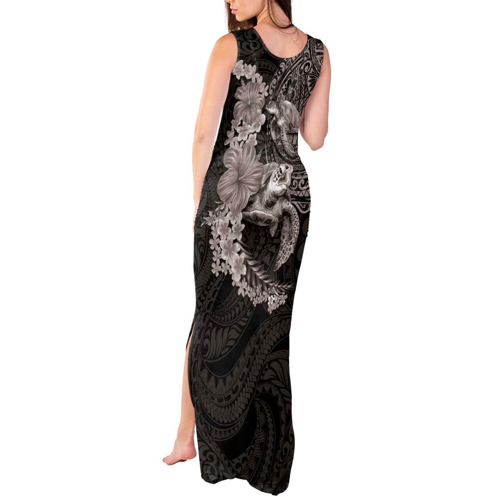 Hawaiian Plumeria and Hibiscus with Turtles Tank Maxi Dress Polynesian Art Grayscale - Polynesian Pride