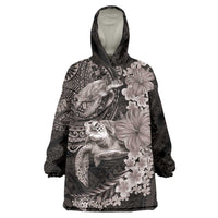 Hawaiian Plumeria and Hibiscus with Turtles Wearable Blanket Hoodie Polynesian Art Grayscale LT03 One Size Black - Polynesian Pride