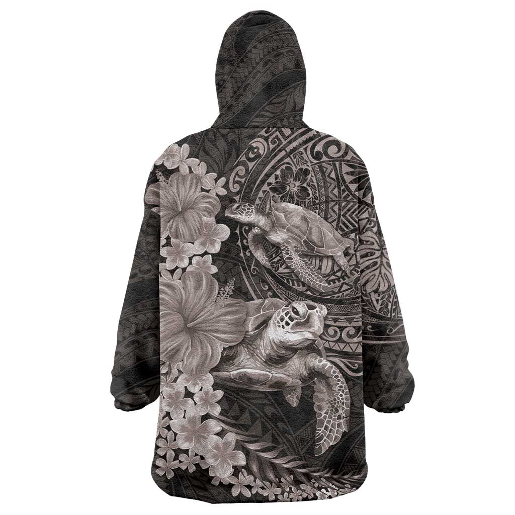 Hawaiian Plumeria and Hibiscus with Turtles Wearable Blanket Hoodie Polynesian Art Grayscale LT03 - Polynesian Pride