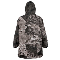 Hawaiian Plumeria and Hibiscus with Turtles Wearable Blanket Hoodie Polynesian Art Grayscale LT03 - Polynesian Pride