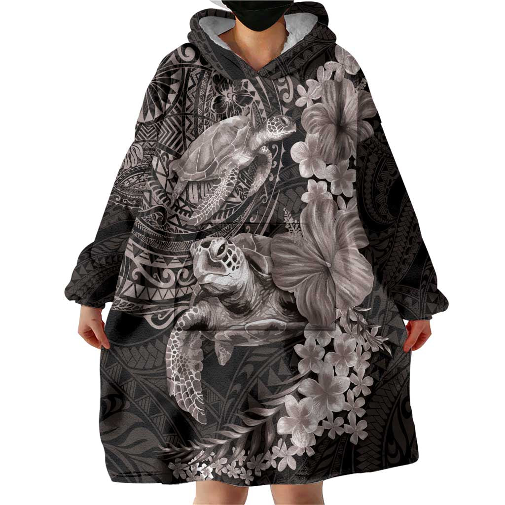 Hawaiian Plumeria and Hibiscus with Turtles Wearable Blanket Hoodie Polynesian Art Grayscale LT03 - Polynesian Pride