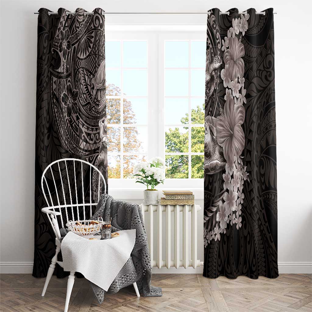 Hawaiian Plumeria and Hibiscus with Turtles Window Curtain Polynesian Art Grayscale - Polynesian Pride