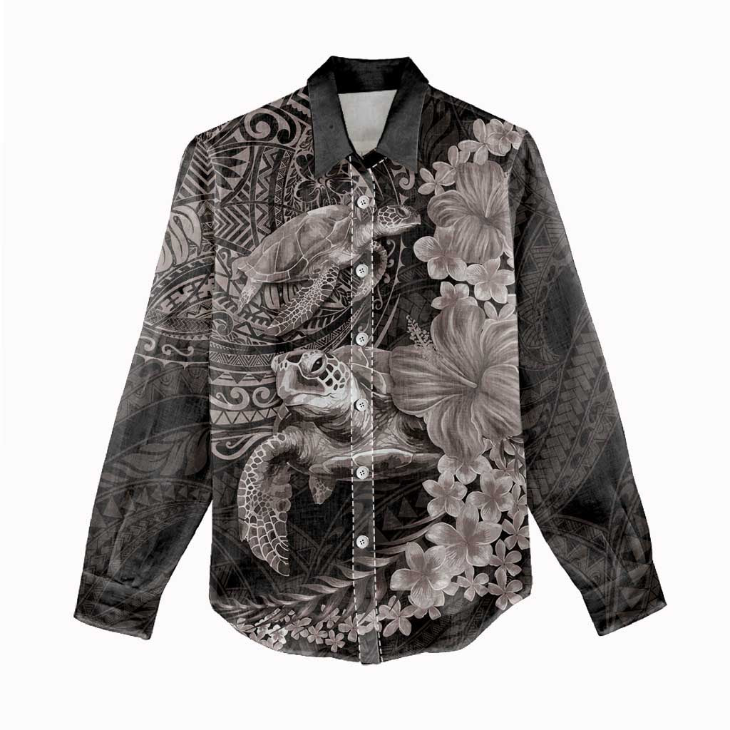 Hawaiian Plumeria and Hibiscus with Turtles Women Casual Shirt Polynesian Art Grayscale - Polynesian Pride