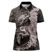Hawaiian Plumeria and Hibiscus with Turtles Women Polo Shirt Polynesian Art Grayscale LT03 Female Black - Polynesian Pride