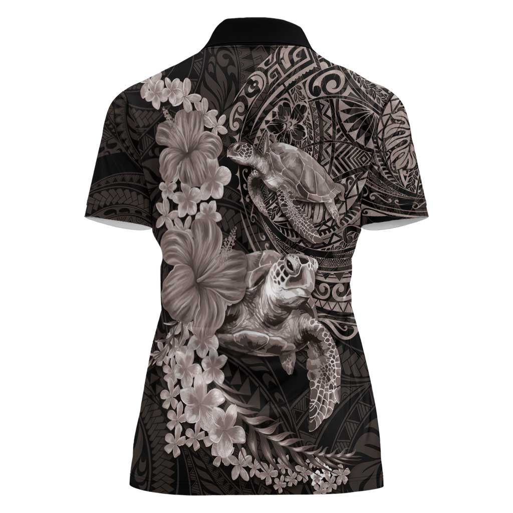 Hawaiian Plumeria and Hibiscus with Turtles Women Polo Shirt Polynesian Art Grayscale LT03 - Polynesian Pride