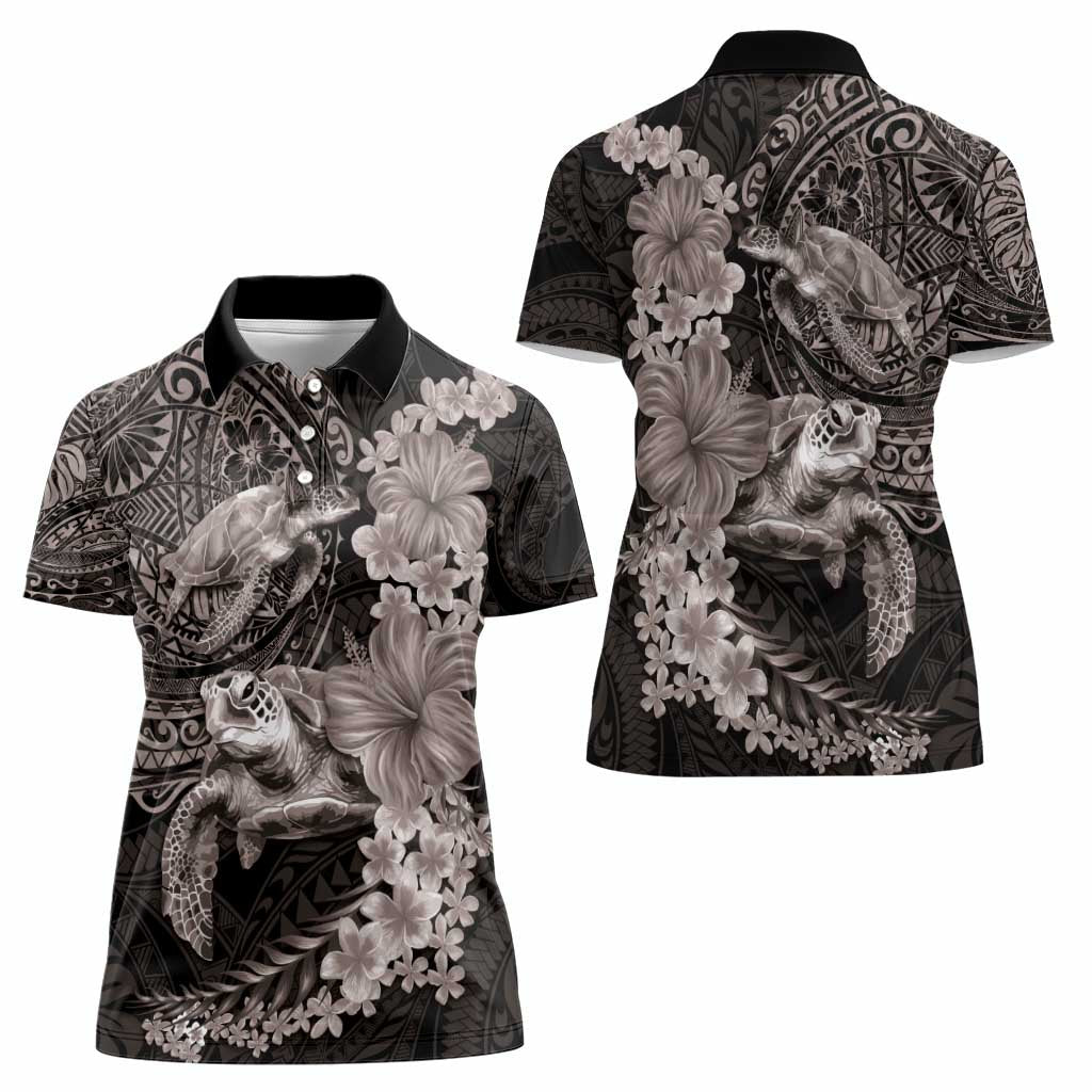 Hawaiian Plumeria and Hibiscus with Turtles Women Polo Shirt Polynesian Art Grayscale LT03 - Polynesian Pride