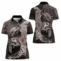 Hawaiian Plumeria and Hibiscus with Turtles Women Polo Shirt Polynesian Art Grayscale LT03 - Polynesian Pride