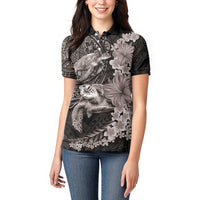 Hawaiian Plumeria and Hibiscus with Turtles Women Polo Shirt Polynesian Art Grayscale LT03 - Polynesian Pride