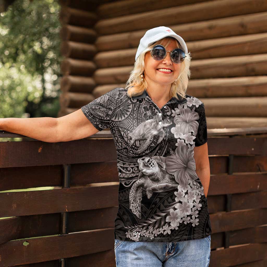 Hawaiian Plumeria and Hibiscus with Turtles Women Polo Shirt Polynesian Art Grayscale LT03 - Polynesian Pride