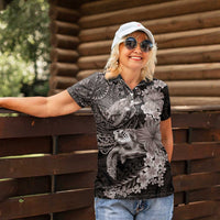 Hawaiian Plumeria and Hibiscus with Turtles Women Polo Shirt Polynesian Art Grayscale LT03 - Polynesian Pride
