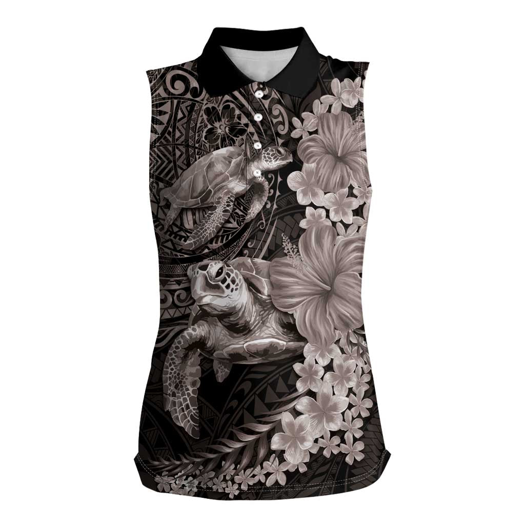 Hawaiian Plumeria and Hibiscus with Turtles Women Sleeveless Polo Shirt Polynesian Art Grayscale LT03 Female Black - Polynesian Pride