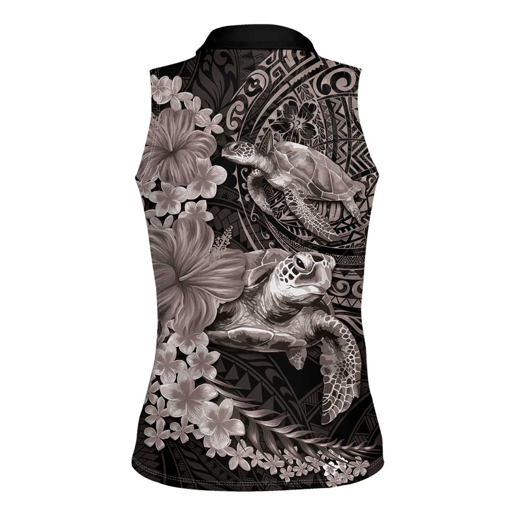 Hawaiian Plumeria and Hibiscus with Turtles Women Sleeveless Polo Shirt Polynesian Art Grayscale LT03 - Polynesian Pride