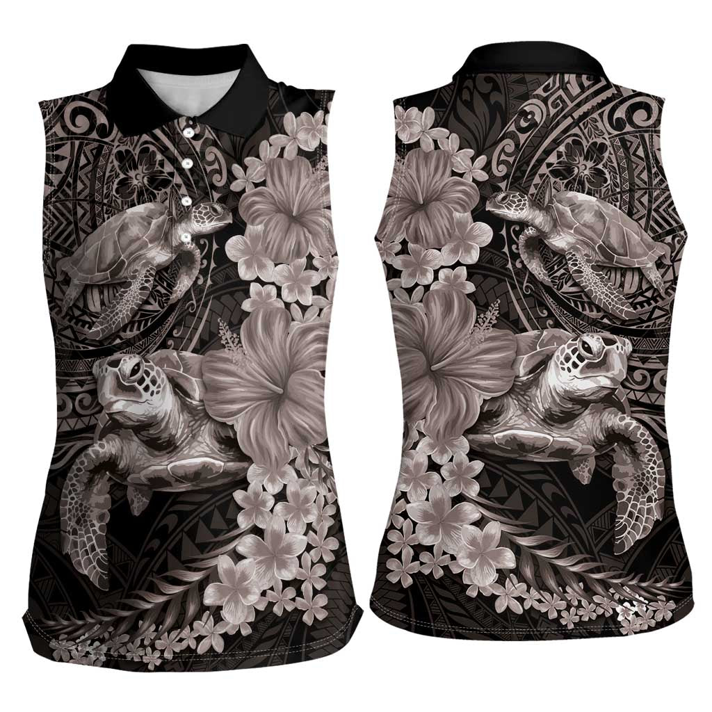 Hawaiian Plumeria and Hibiscus with Turtles Women Sleeveless Polo Shirt Polynesian Art Grayscale LT03 - Polynesian Pride