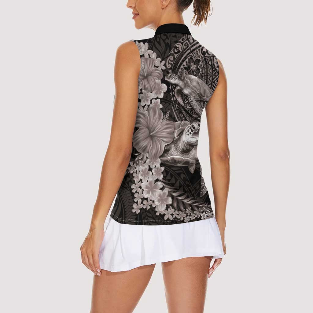 Hawaiian Plumeria and Hibiscus with Turtles Women Sleeveless Polo Shirt Polynesian Art Grayscale LT03 - Polynesian Pride