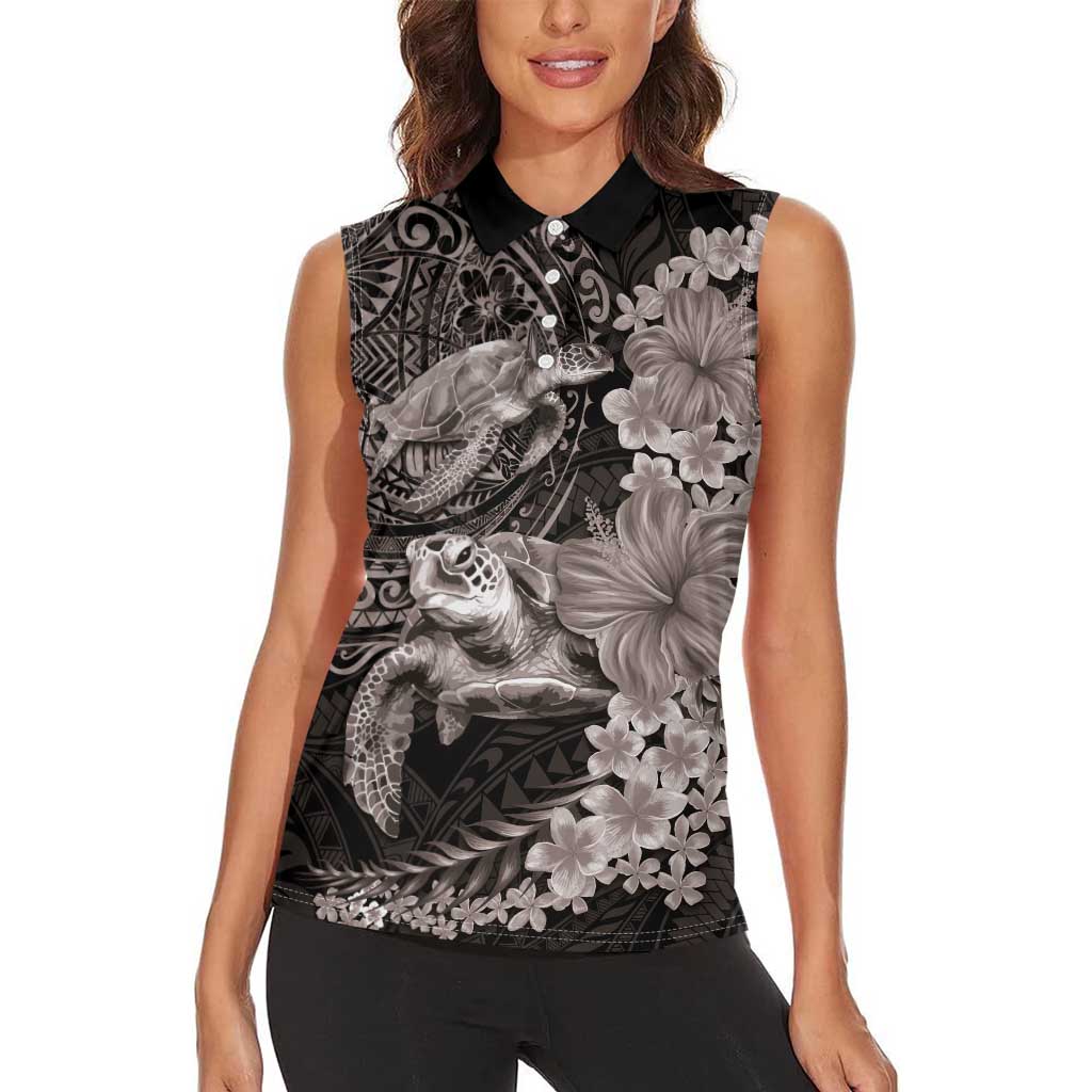 Hawaiian Plumeria and Hibiscus with Turtles Women Sleeveless Polo Shirt Polynesian Art Grayscale LT03 - Polynesian Pride