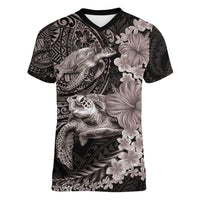 Hawaiian Plumeria and Hibiscus with Turtles Women V-Neck T-Shirt Polynesian Art Grayscale LT03 Female Black - Polynesian Pride