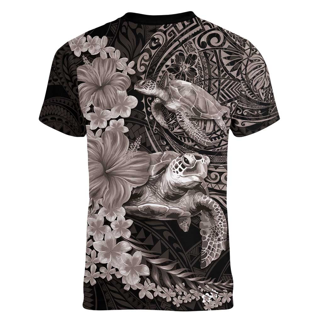 Hawaiian Plumeria and Hibiscus with Turtles Women V-Neck T-Shirt Polynesian Art Grayscale LT03 - Polynesian Pride