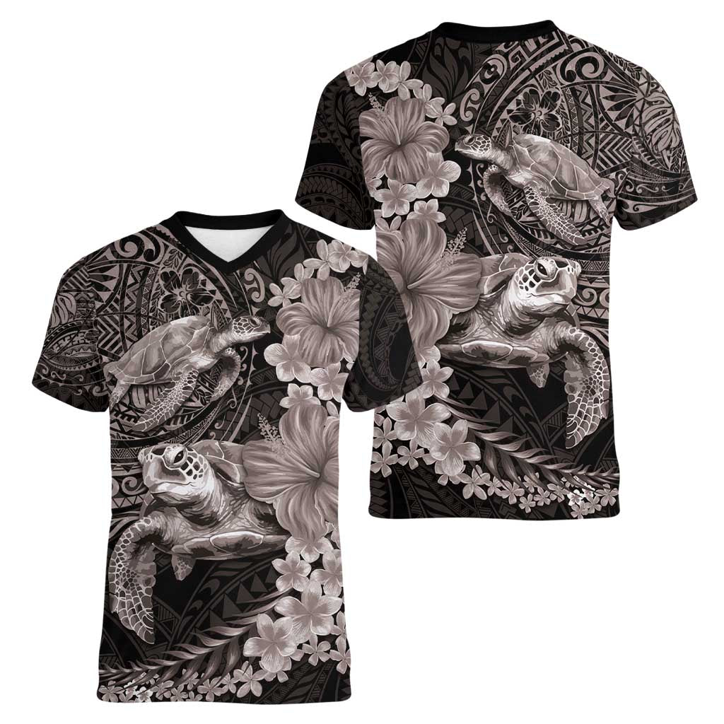 Hawaiian Plumeria and Hibiscus with Turtles Women V-Neck T-Shirt Polynesian Art Grayscale LT03 - Polynesian Pride