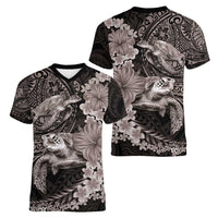 Hawaiian Plumeria and Hibiscus with Turtles Women V-Neck T-Shirt Polynesian Art Grayscale LT03 - Polynesian Pride