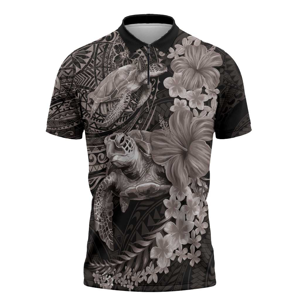 Hawaiian Plumeria and Hibiscus with Turtles Zipper Polo Shirt Polynesian Art Grayscale LT03 Black - Polynesian Pride