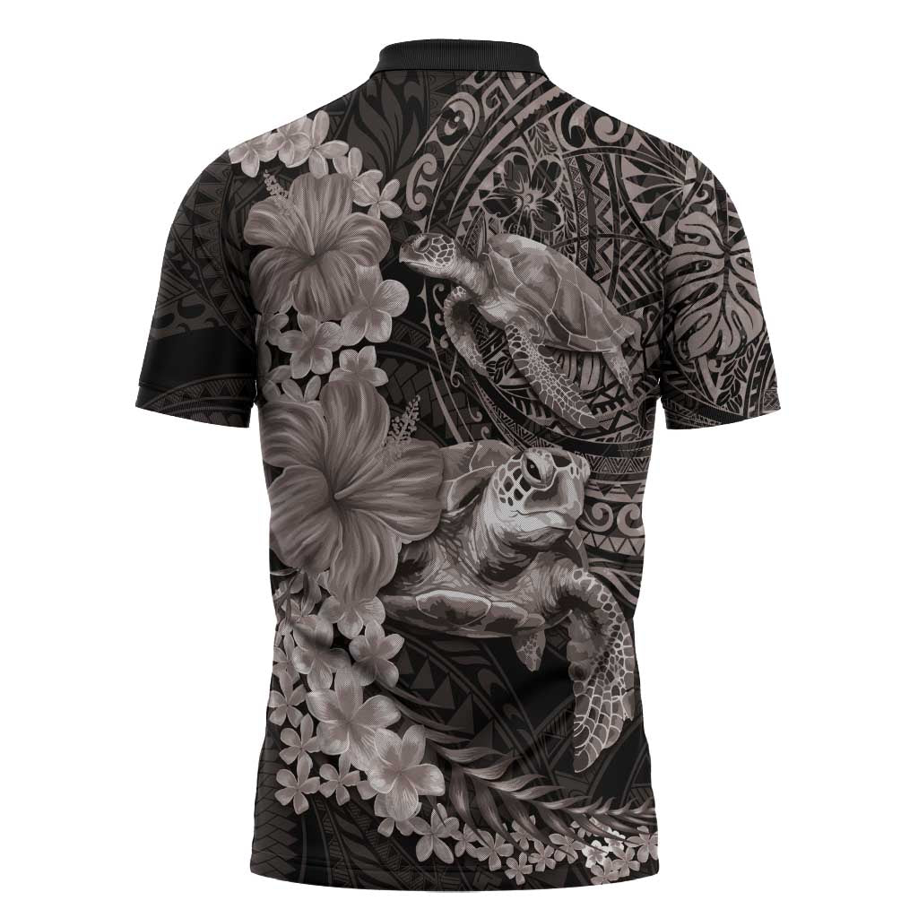 Hawaiian Plumeria and Hibiscus with Turtles Zipper Polo Shirt Polynesian Art Grayscale LT03 - Polynesian Pride