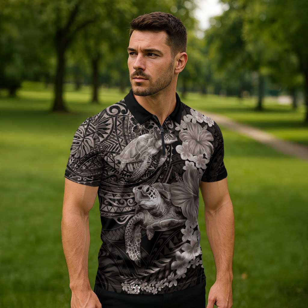 Hawaiian Plumeria and Hibiscus with Turtles Zipper Polo Shirt Polynesian Art Grayscale LT03 - Polynesian Pride